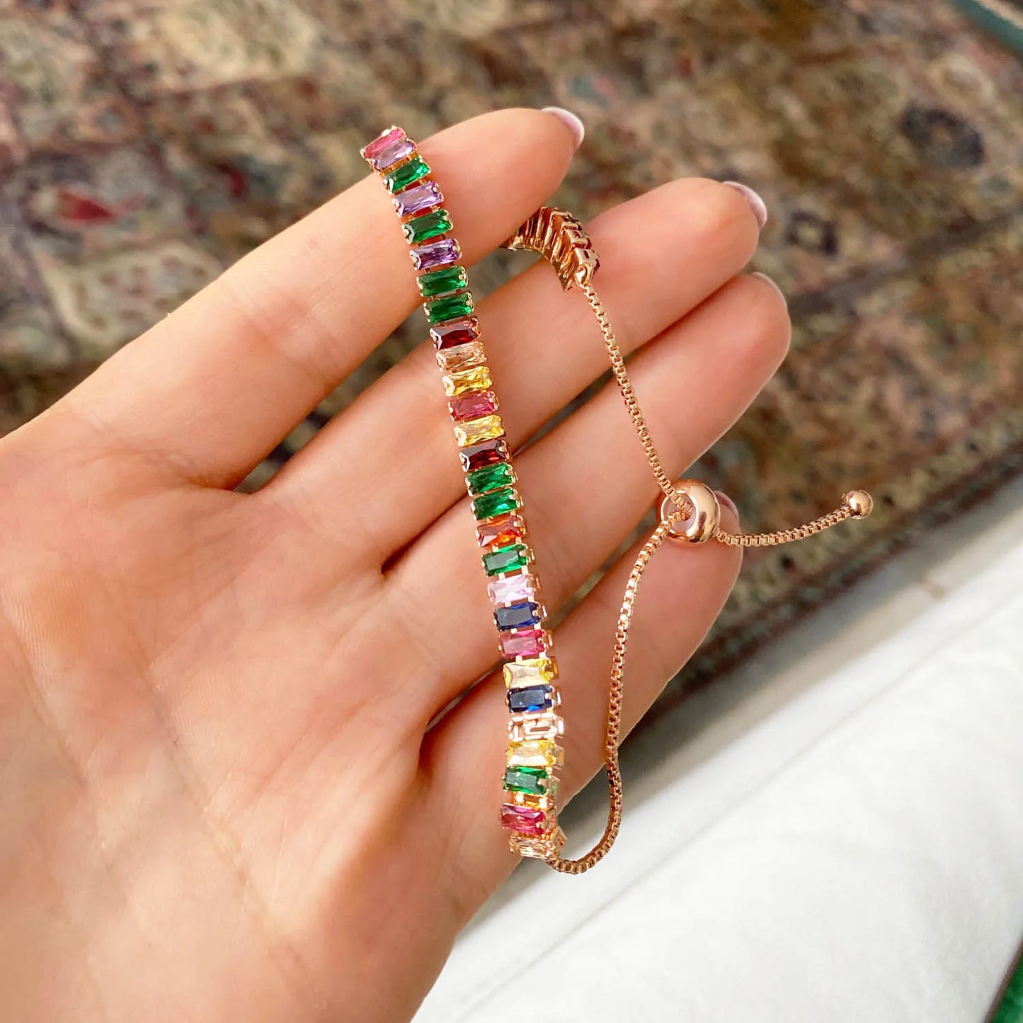Adjustable Rainbow Cubic Zirconia Tennis Bracelet for Women | Colorful Stone Bracelet