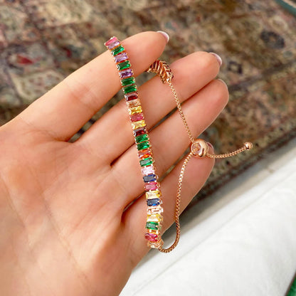 Adjustable Rainbow Cubic Zirconia Tennis Bracelet for Women | Colorful Stone Bracelet