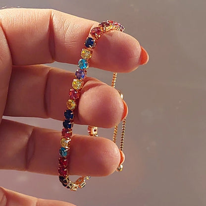 Adjustable Rainbow Cubic Zirconia Tennis Bracelet for Women | Colorful Stone Bracelet