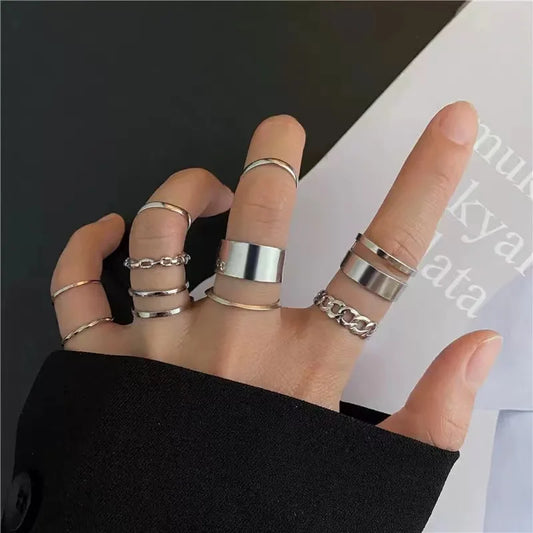 Minimalist Punk Ring Set (10-Pack) | Glossy Stackable Bands + Chain Ring (Unisex)