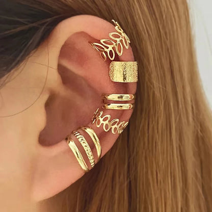Leaf Ear Cuff Set (5-Pack) | Non-Piercing Clip-On Cartilage Earrings (Gold/Silver/Black)