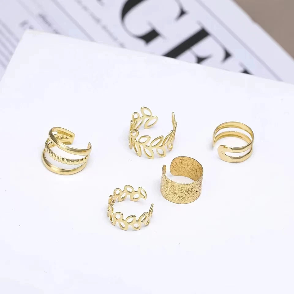 Leaf Ear Cuff Set (5-Pack) | Non-Piercing Clip-On Cartilage Earrings (Gold/Silver/Black)