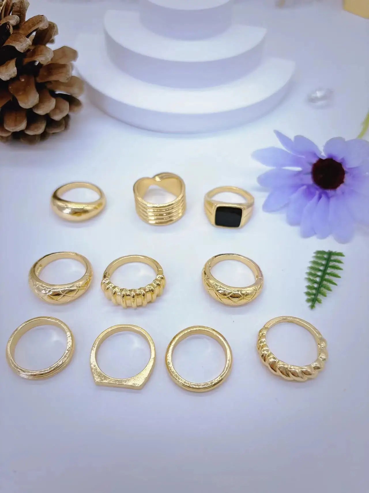 Minimalist Punk Ring Set (10-Pack) | Glossy Stackable Bands + Chain Ring (Unisex)
