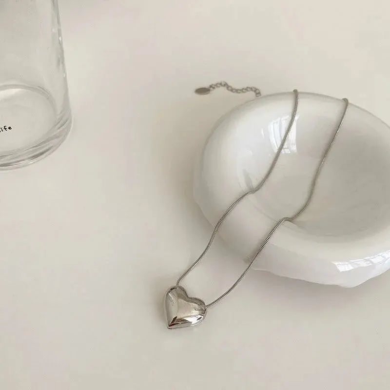 Silver Heart Pendant Necklace | Dainty Snake Chain, Clavicle Length