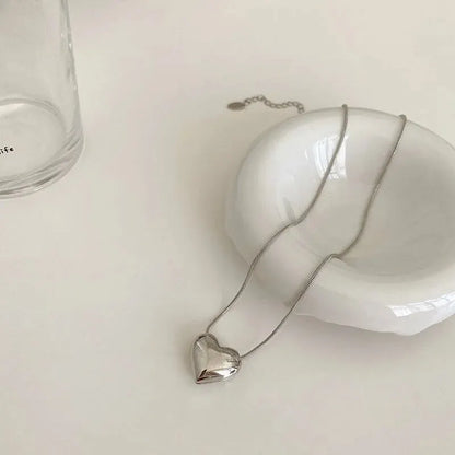 Silver Heart Pendant Necklace | Dainty Snake Chain, Clavicle Length