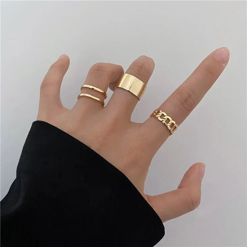 Minimalist Punk Ring Set (10-Pack) | Glossy Stackable Bands + Chain Ring (Unisex)