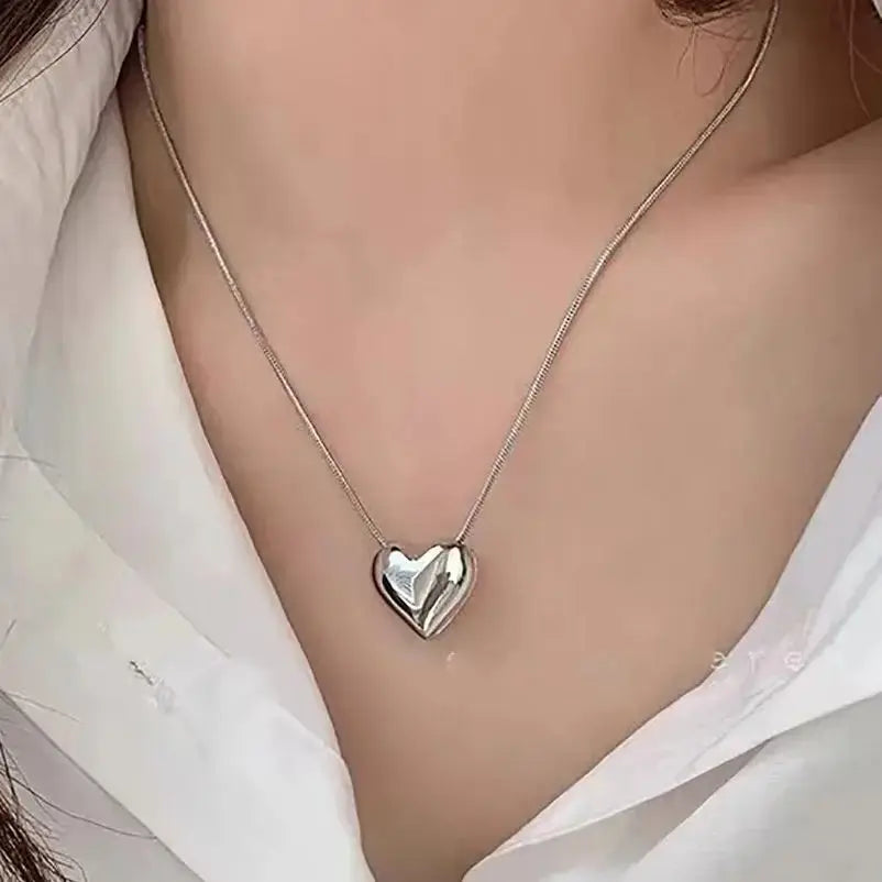 Silver Heart Pendant Necklace | Dainty Snake Chain, Clavicle Length