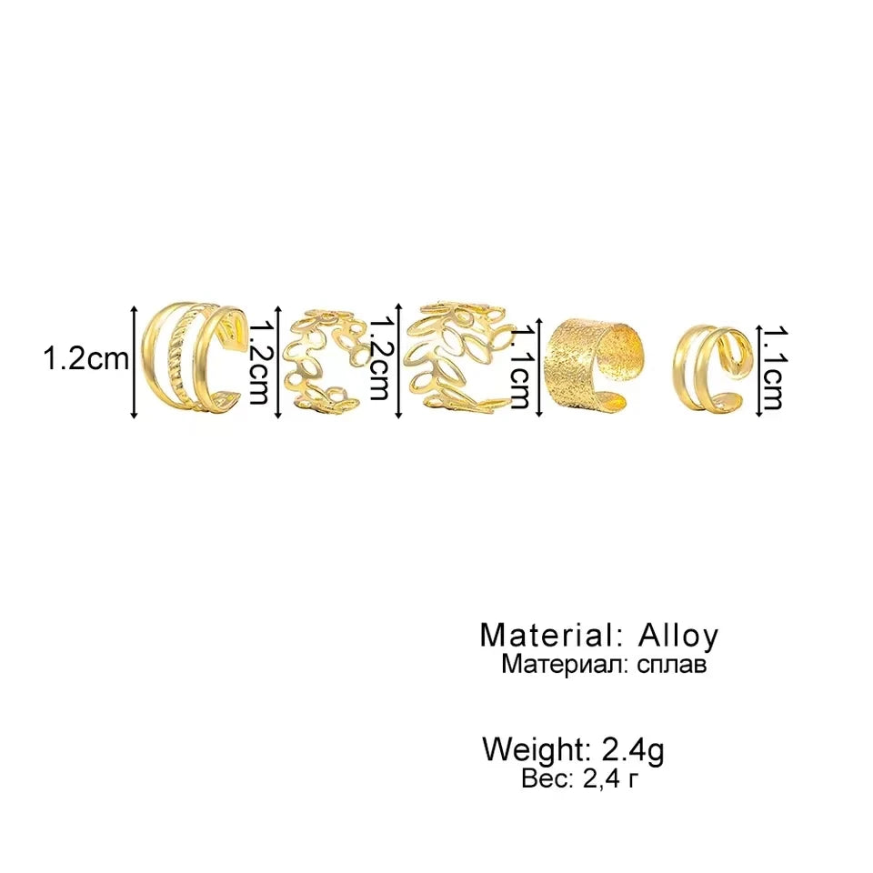 Leaf Ear Cuff Set (5-Pack) | Non-Piercing Clip-On Cartilage Earrings (Gold/Silver/Black)
