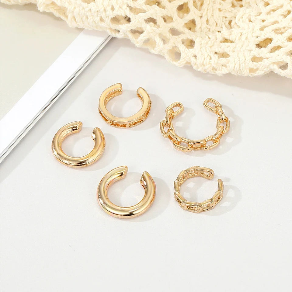 Leaf Ear Cuff Set (5-Pack) | Non-Piercing Clip-On Cartilage Earrings (Gold/Silver/Black)