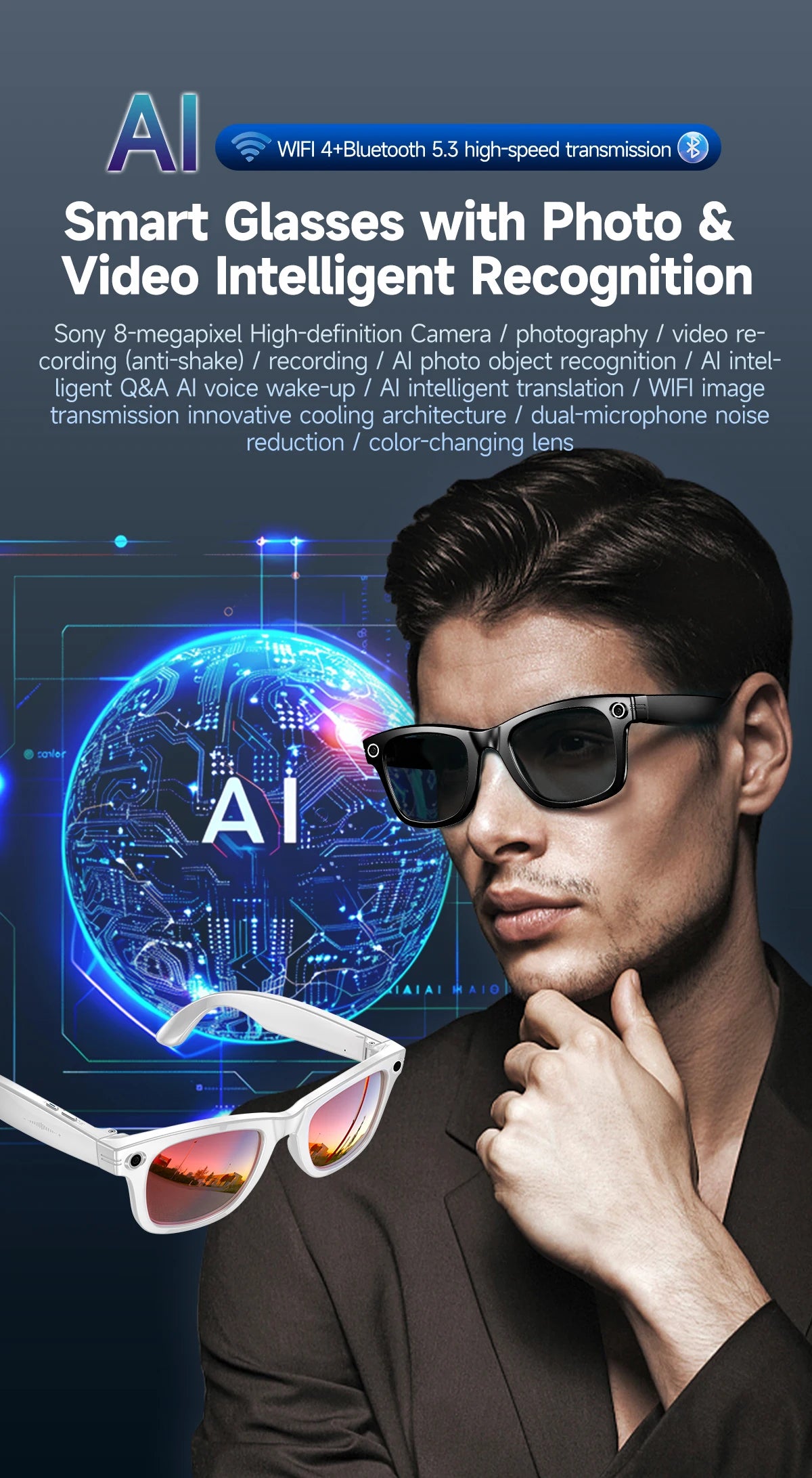 Premium AI Smart Sunglasses with Camera, Translation & Bluetooth Calls