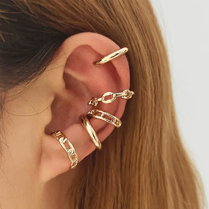 Leaf Ear Cuff Set (5-Pack) | Non-Piercing Clip-On Cartilage Earrings (Gold/Silver/Black)