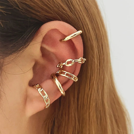 Leaf Ear Cuff Set (5-Pack) | Non-Piercing Clip-On Cartilage Earrings (Gold/Silver/Black)