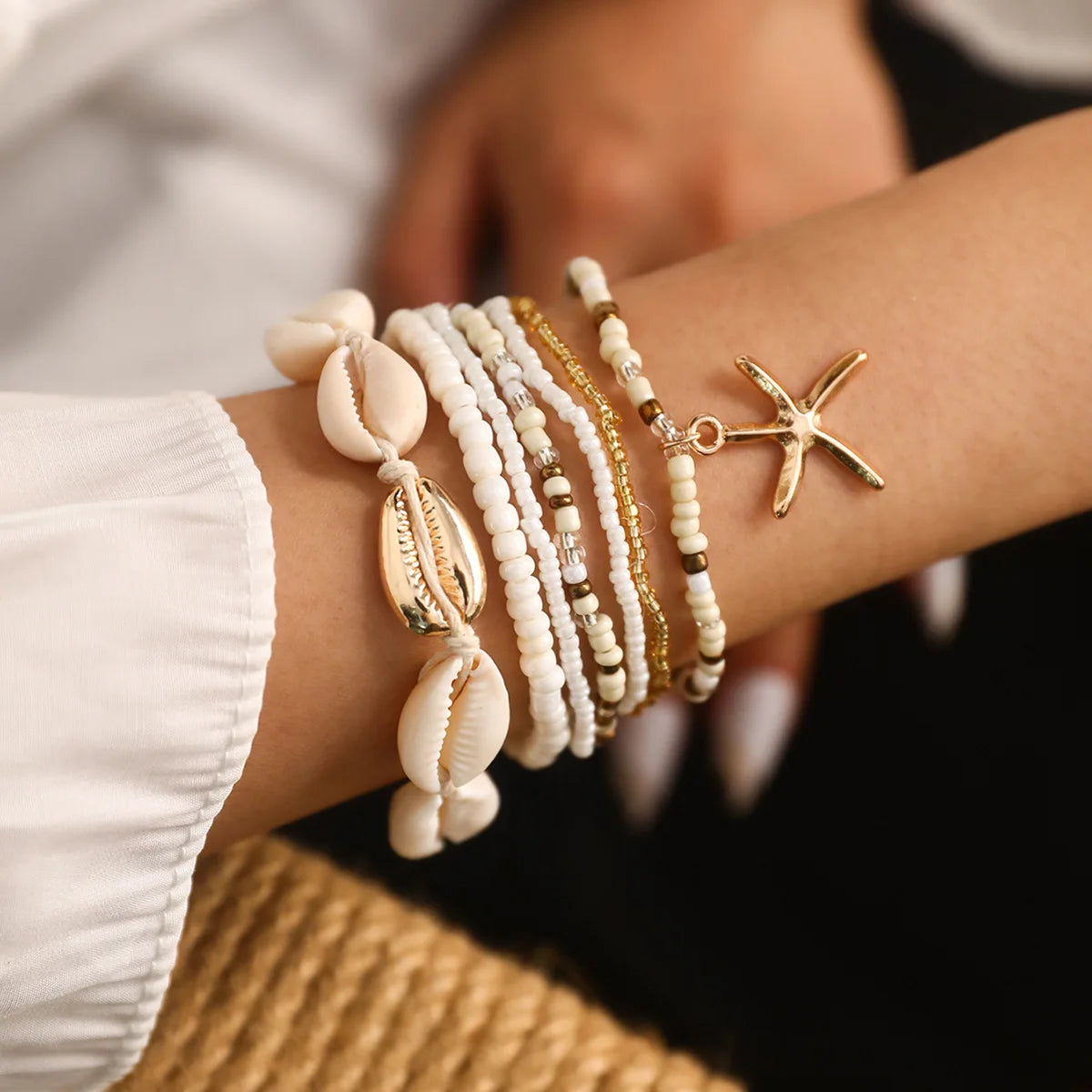 Coastal Beaded Bracelet Stack (7-Pack) | Starfish + Shell Charms (White/Gold)