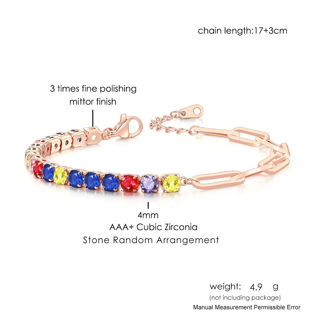 Adjustable Rainbow Cubic Zirconia Tennis Bracelet for Women | Colorful Stone Bracelet