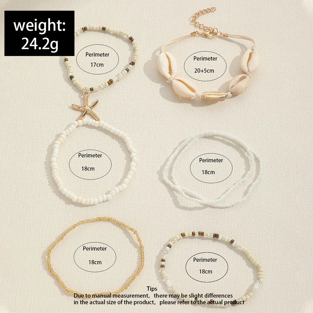 Coastal Beaded Bracelet Stack (7-Pack) | Starfish + Shell Charms (White/Gold)