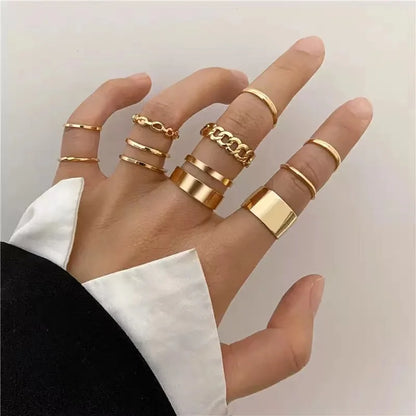 Minimalist Punk Ring Set (10-Pack) | Glossy Stackable Bands + Chain Ring (Unisex)