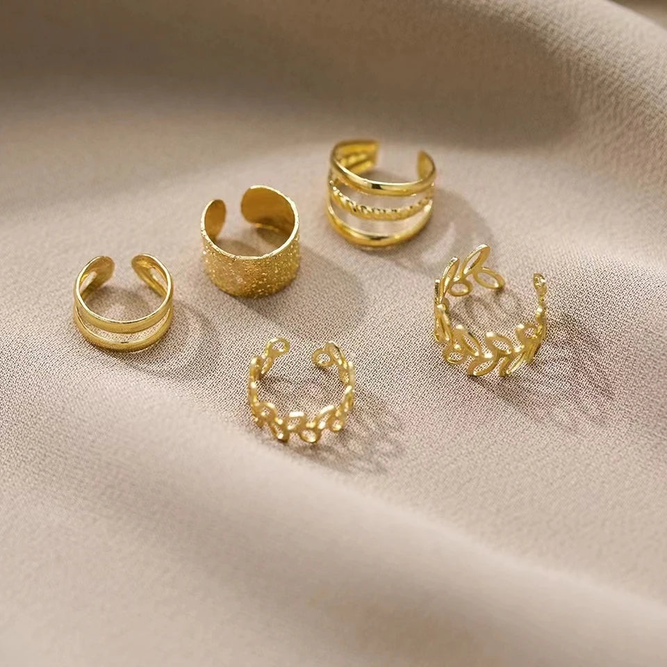 Leaf Ear Cuff Set (5-Pack) | Non-Piercing Clip-On Cartilage Earrings (Gold/Silver/Black)