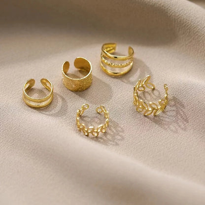 Leaf Ear Cuff Set (5-Pack) | Non-Piercing Clip-On Cartilage Earrings (Gold/Silver/Black)