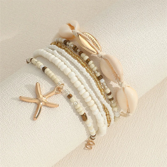 Coastal Beaded Bracelet Stack (7-Pack) | Starfish + Shell Charms (White/Gold)