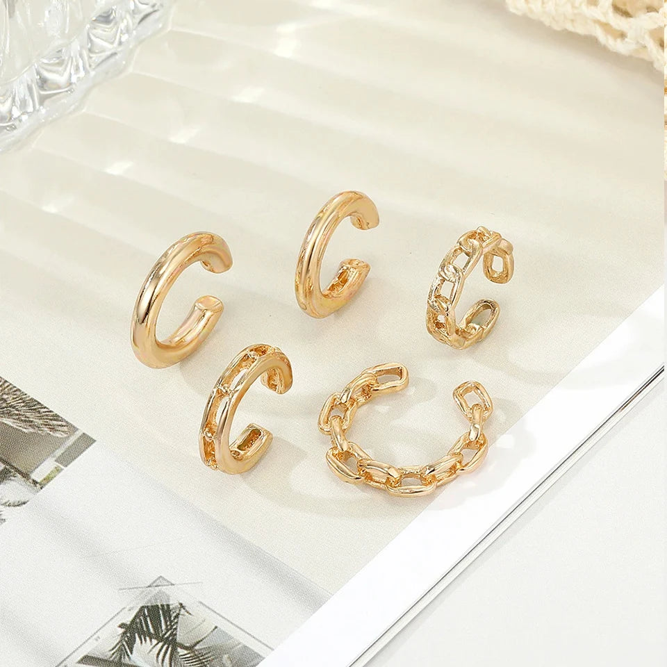 Leaf Ear Cuff Set (5-Pack) | Non-Piercing Clip-On Cartilage Earrings (Gold/Silver/Black)