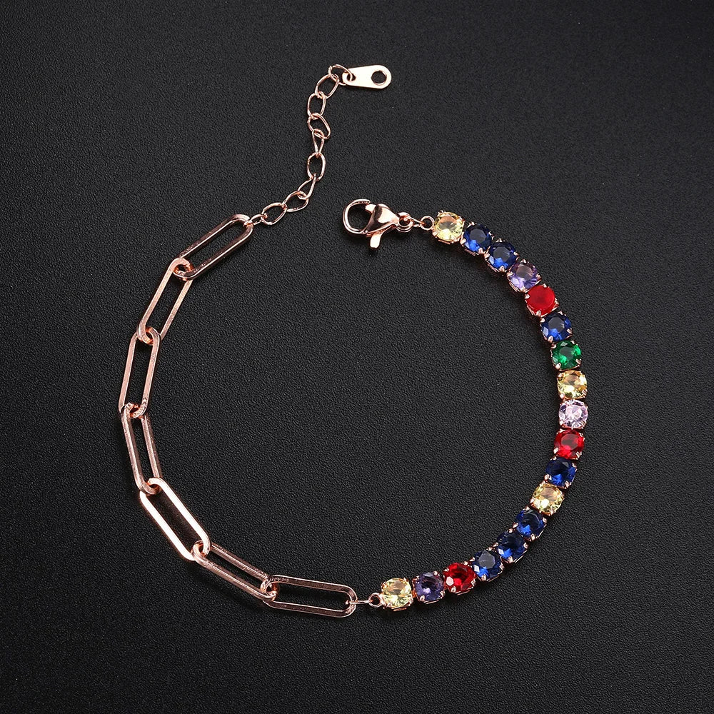 Adjustable Rainbow Cubic Zirconia Tennis Bracelet for Women | Colorful Stone Bracelet
