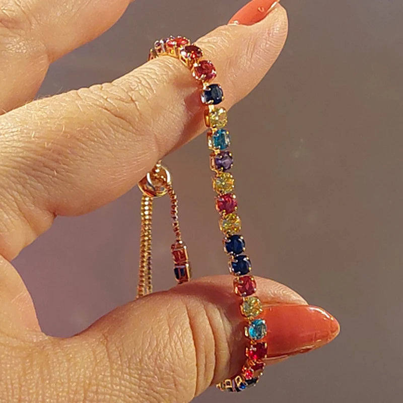 Adjustable Rainbow Cubic Zirconia Tennis Bracelet for Women | Colorful Stone Bracelet