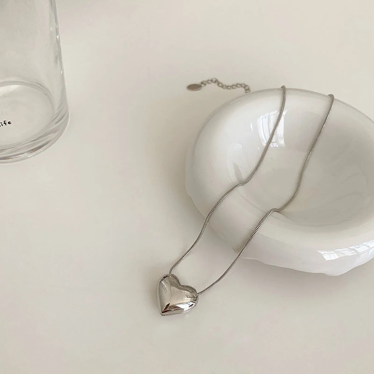 Silver Heart Pendant Necklace | Dainty Snake Chain, Clavicle Length