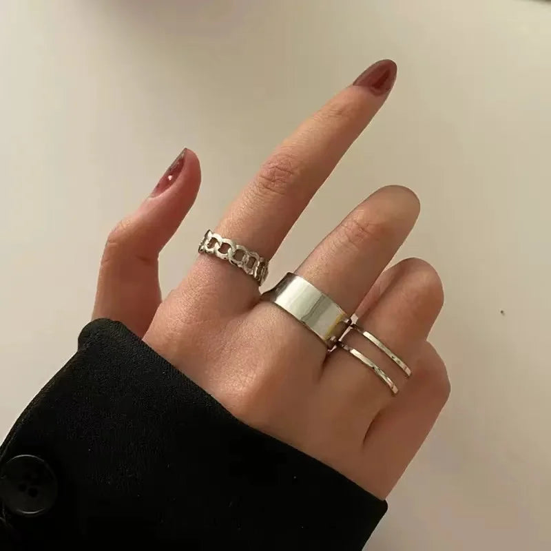 Minimalist Punk Ring Set (10-Pack) | Glossy Stackable Bands + Chain Ring (Unisex)