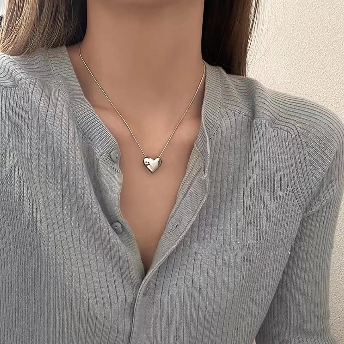 Silver Heart Pendant Necklace | Dainty Snake Chain, Clavicle Length