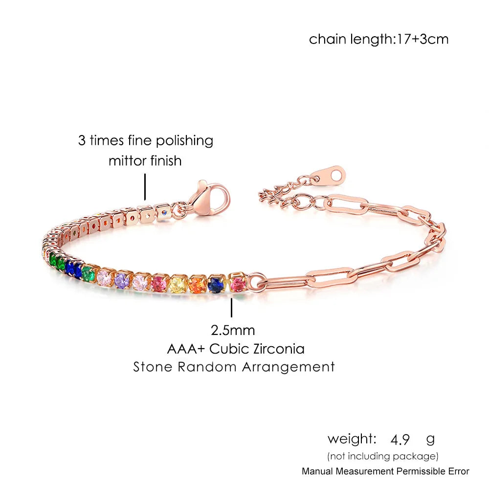Adjustable Rainbow Cubic Zirconia Tennis Bracelet for Women | Colorful Stone Bracelet