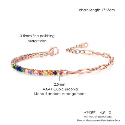 Adjustable Rainbow Cubic Zirconia Tennis Bracelet for Women | Colorful Stone Bracelet