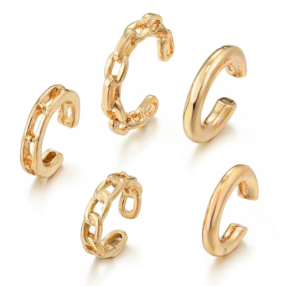 Leaf Ear Cuff Set (5-Pack) | Non-Piercing Clip-On Cartilage Earrings (Gold/Silver/Black)